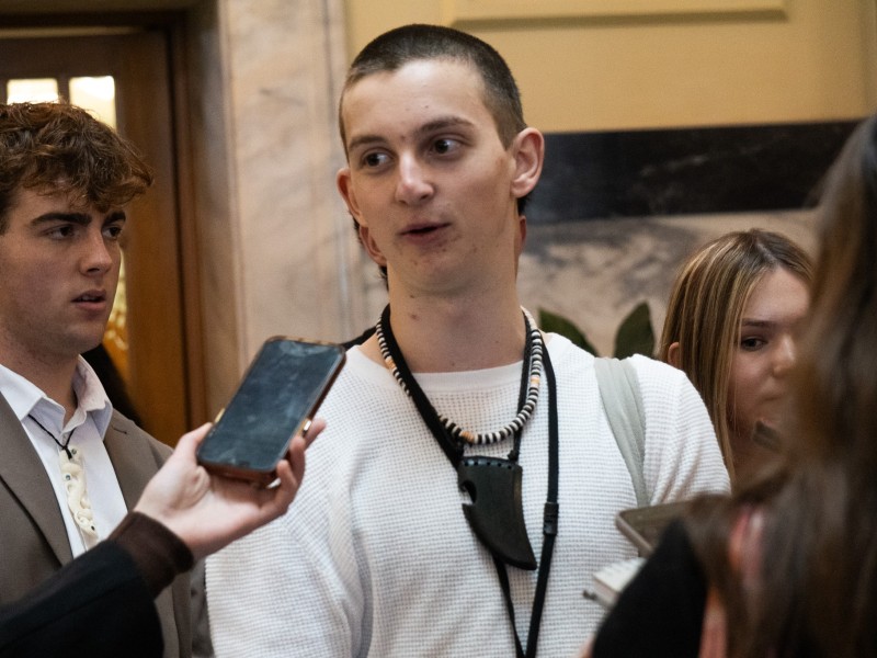 Youth MP James Watson holding an improptu press conference on the "tiles".