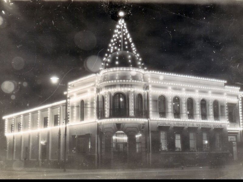 Rangiora Town Hall pictured illuminated in 1950